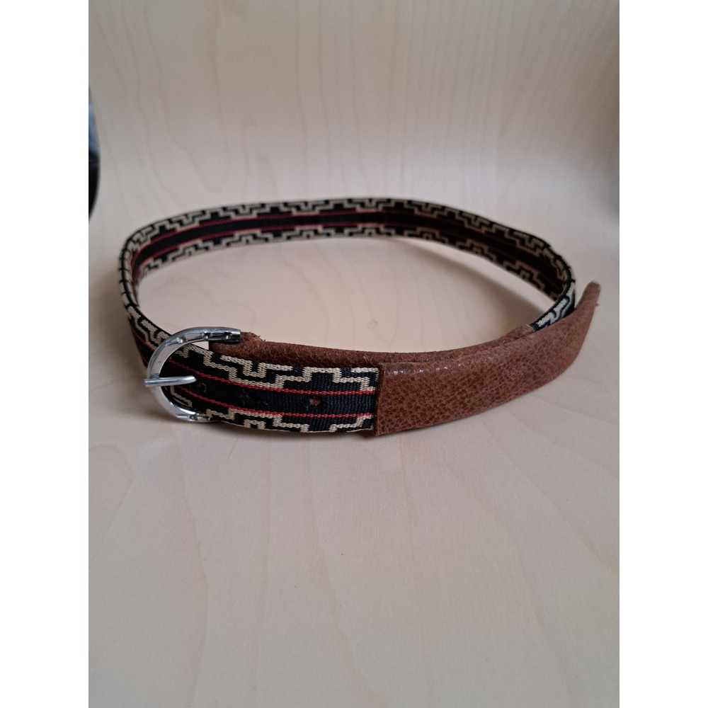 Vintage Woven Geometric Belt Brown Leather Trim Navy Red Greek Key Pattern
